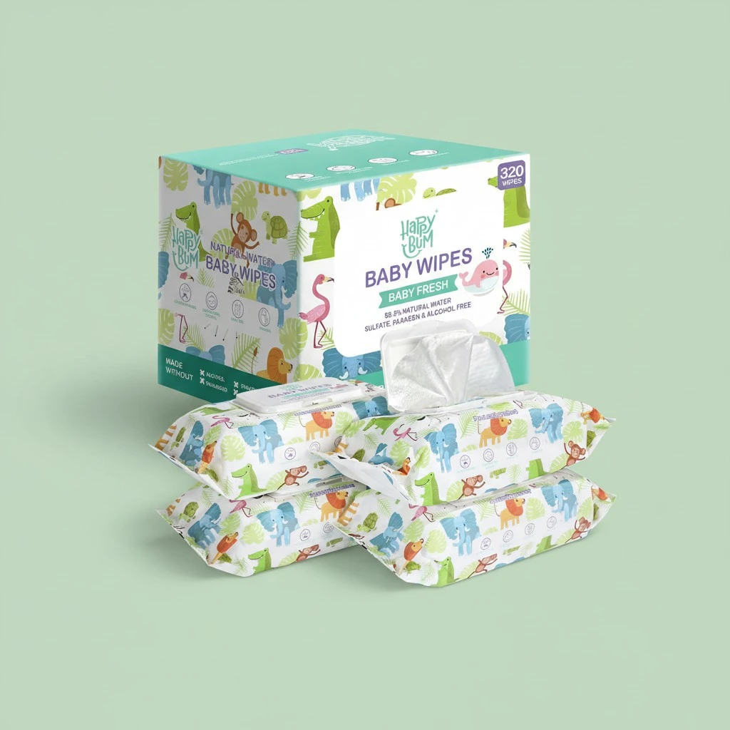 Baby Wipes - HAPPY BUM Sensitive Water Baby Diaper Wipes, Unscented, 4 Flip-top packs (320 Wipes Total)