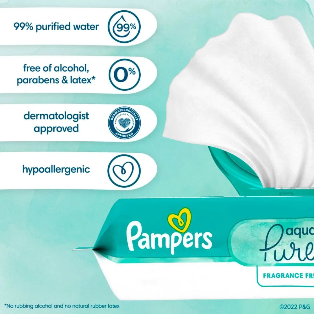 Pampers Baby Wipes Aqua Pure, 99% water-based wipes, Hypoallergenic and Unscented Infant Wipe, 896 Total (16 Flip-Top Packs)