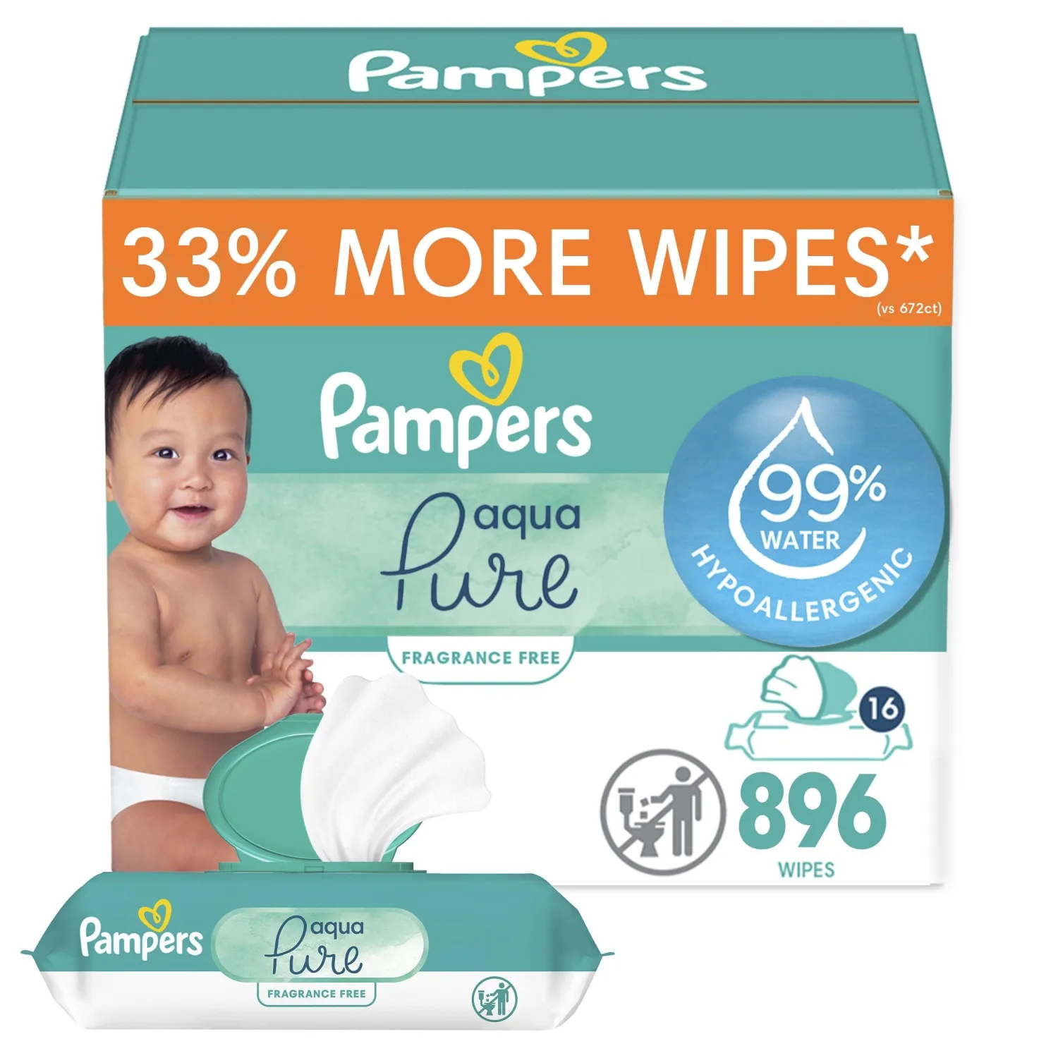 Pampers Baby Wipes Aqua Pure, 99% water-based wipes, Hypoallergenic and Unscented Infant Wipe, 896 Total (16 Flip-Top Packs)