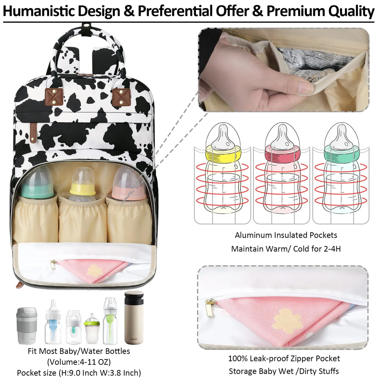 Large Capacity Baby Diaper Bag Backpack with Insulated Pockets, Waterproof, Stylish Cow Print Design, Suitable for Boys and Girls