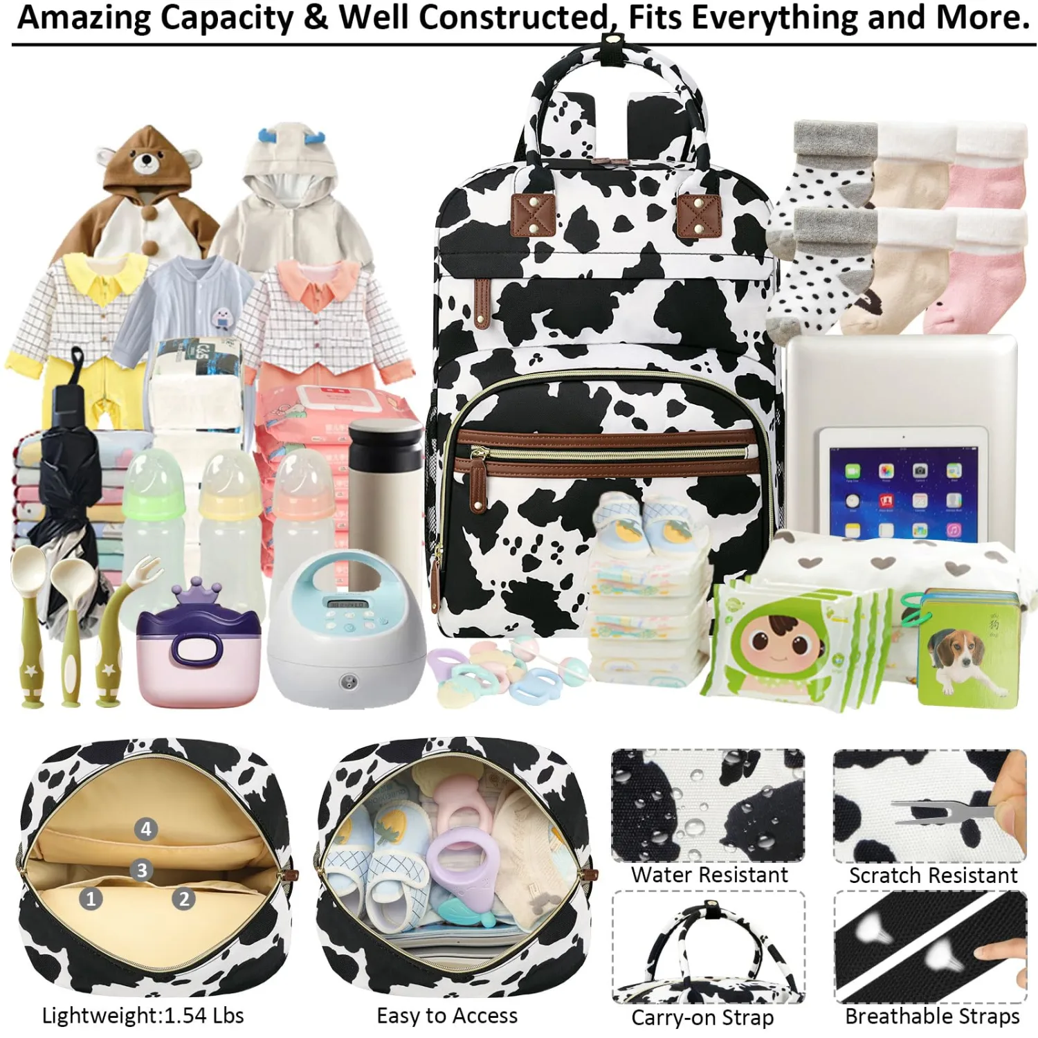 Large Capacity Baby Diaper Bag Backpack with Insulated Pockets, Waterproof, Stylish Cow Print Design, Suitable for Boys and Girls