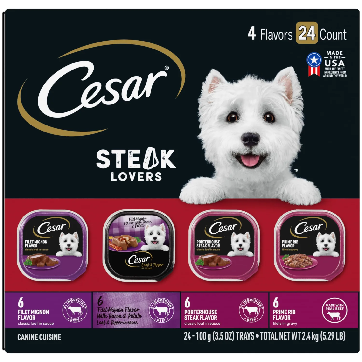 CESAR Adult Soft Wet Dog Food Steak Lovers Variety Pack with Real Meat, (24) 3.5 oz. Trays