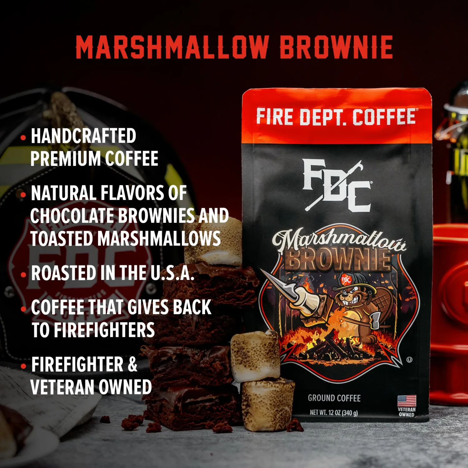 Fire Department Coffee - Gives Back to Firefighters - Marshmallow Brownie Ground Coffee - Roasted in the USA - Ground - Medium Roast - Veteran Owned 12 oz
