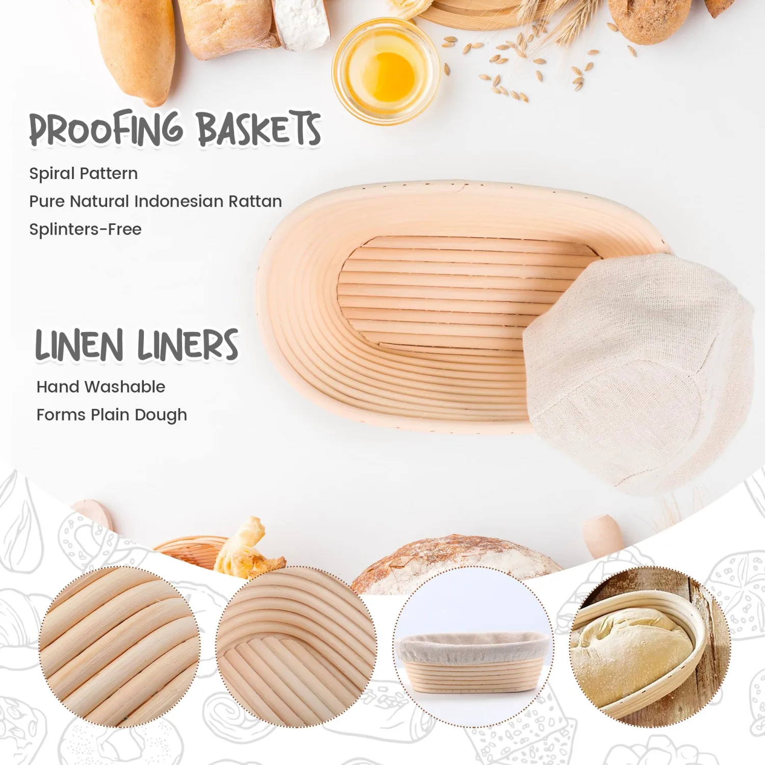 Bread Proofing Baskets Set of 2 10 inch Oval Shaped Dough Proofing Bowls w/Liners Perfect for Professional & Home Sourdough Bread Baking