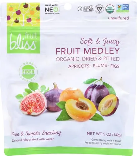Fruit Bliss Dried Fruit Mix – Fruit Medley of Organic, Dried & Pitted Apricots, Plums & Figs - Organic Fruit Snacks, Dried Fruit Snacks, Resealable Pouches, Gluten-Free Vegan Snacks (1 Pack 5oz. Each)