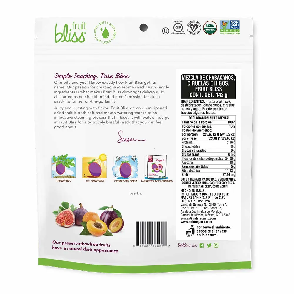 Fruit Bliss Dried Fruit Mix – Fruit Medley of Organic, Dried & Pitted Apricots, Plums & Figs - Organic Fruit Snacks, Dried Fruit Snacks, Resealable Pouches, Gluten-Free Vegan Snacks (1 Pack 5oz. Each)