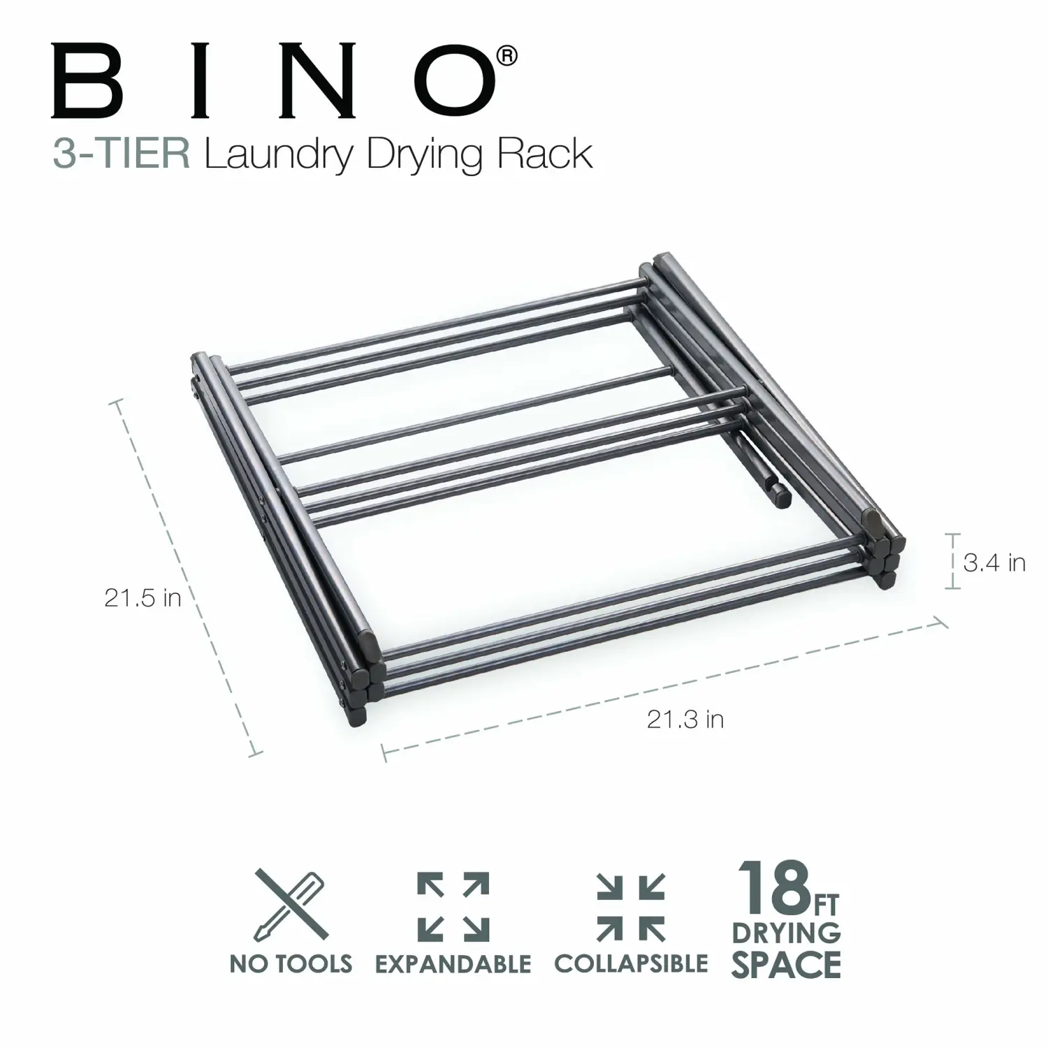 BINO 3-Tier Collapsible Drying Racks | Silver | Air Drying & Hanging | Foldable Portable Indoor & Outdoor | Space Saving Clothes Dryer Stand | Home Dorm Apartment Essentials