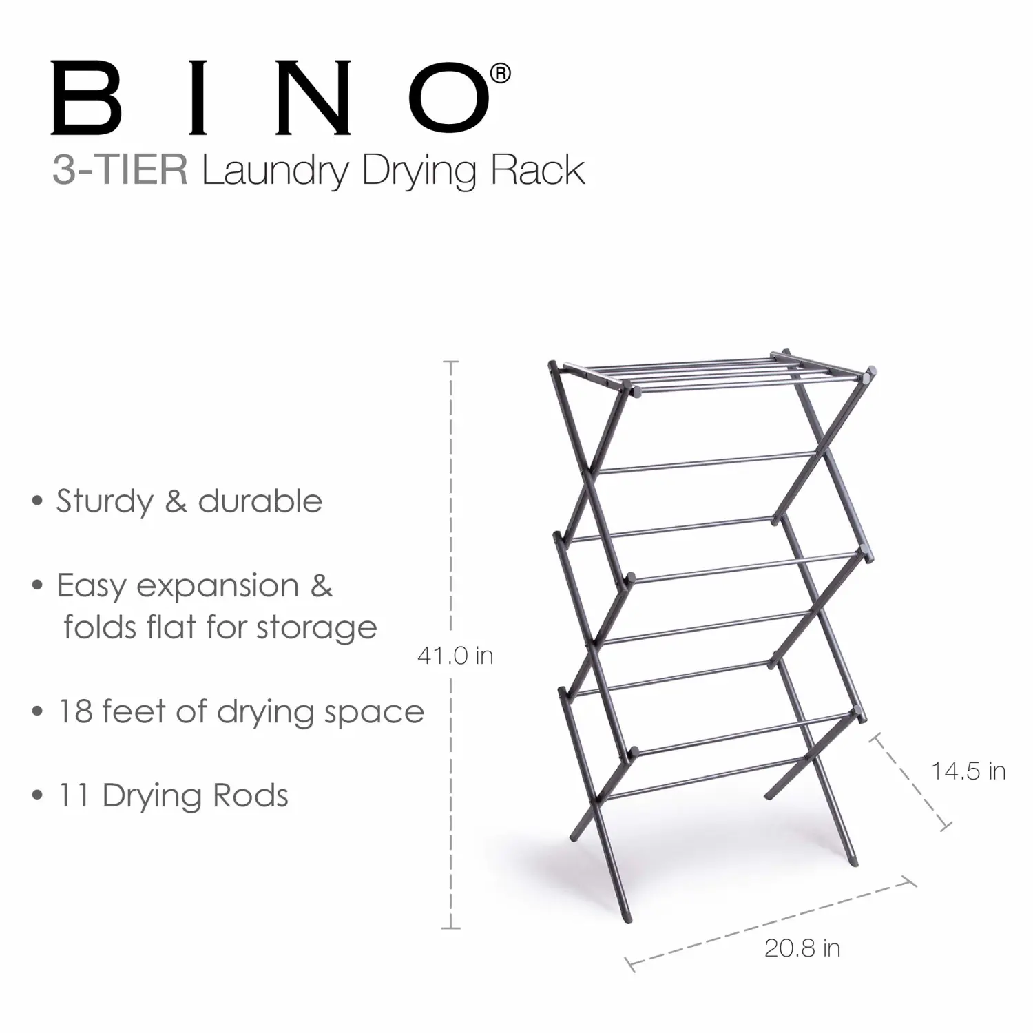 BINO 3-Tier Collapsible Drying Racks | Silver | Air Drying & Hanging | Foldable Portable Indoor & Outdoor | Space Saving Clothes Dryer Stand | Home Dorm Apartment Essentials
