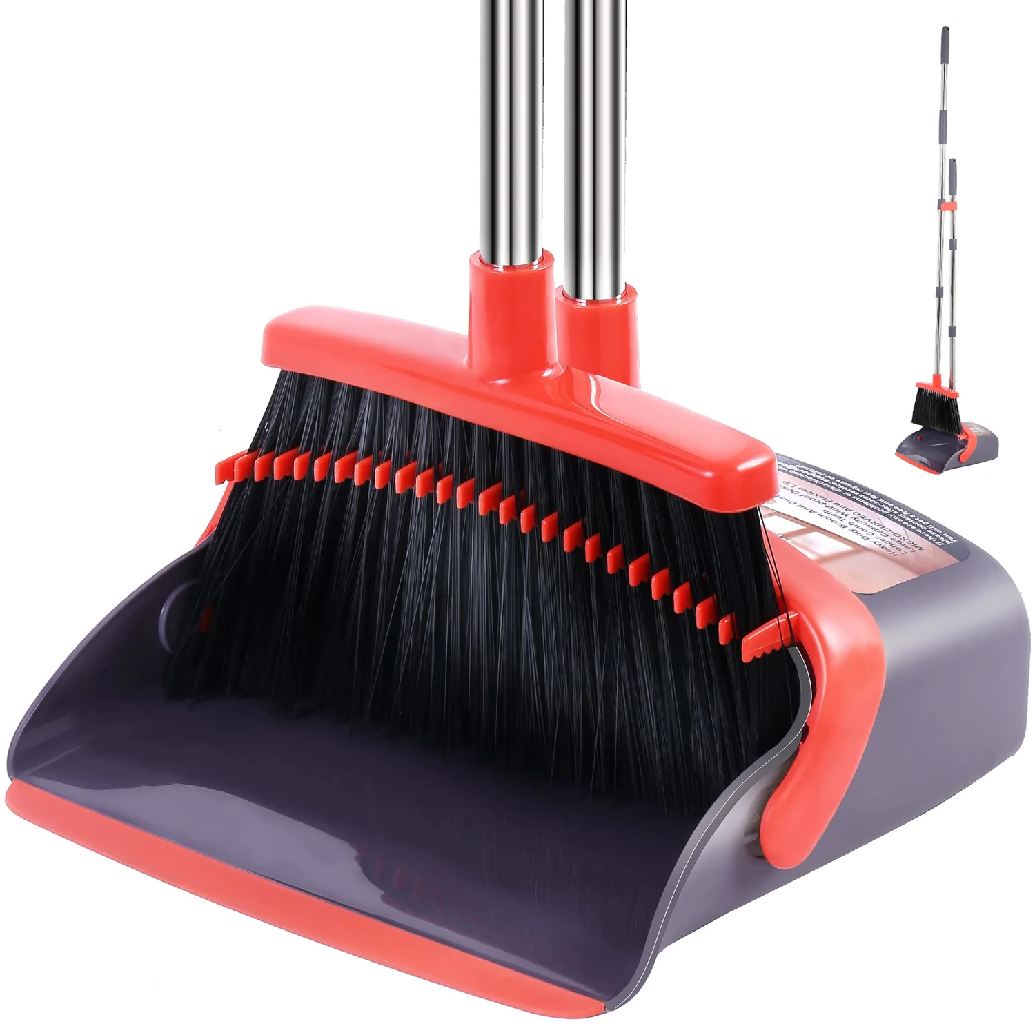 Broom with Dustpan Combo Set Broom and Dustpan Set Dust Pan with Stainless Steel Long Handle, Brooms with 5-Layer Soft Bristles, New Home Apartment Household Essentials