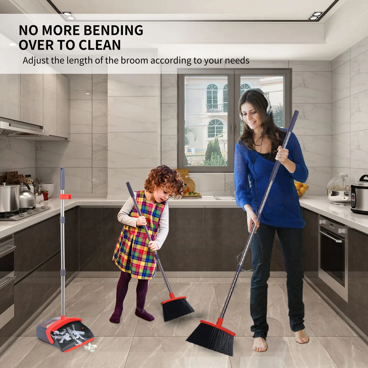 Broom with Dustpan Combo Set Broom and Dustpan Set Dust Pan with Stainless Steel Long Handle, Brooms with 5-Layer Soft Bristles, New Home Apartment Household Essentials