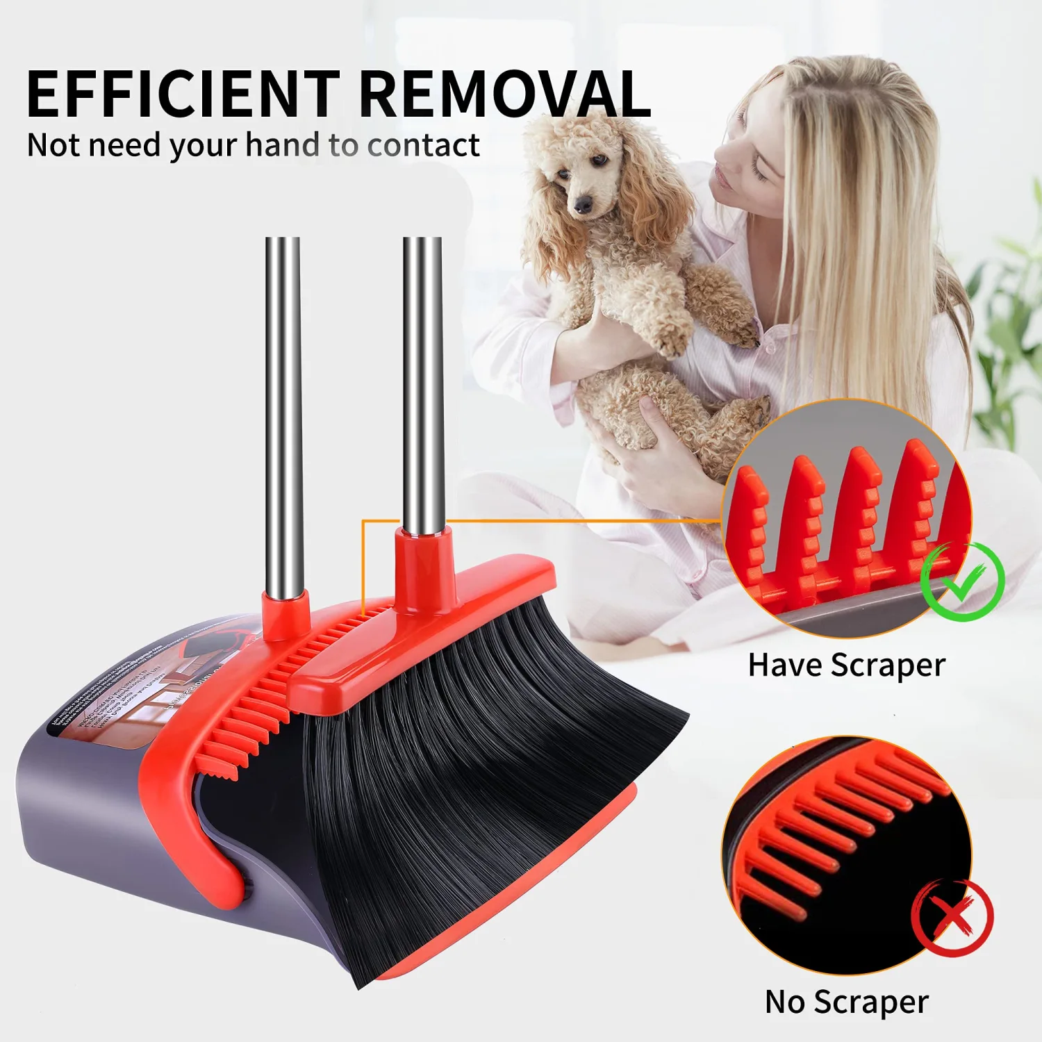 Broom with Dustpan Combo Set Broom and Dustpan Set Dust Pan with Stainless Steel Long Handle, Brooms with 5-Layer Soft Bristles, New Home Apartment Household Essentials