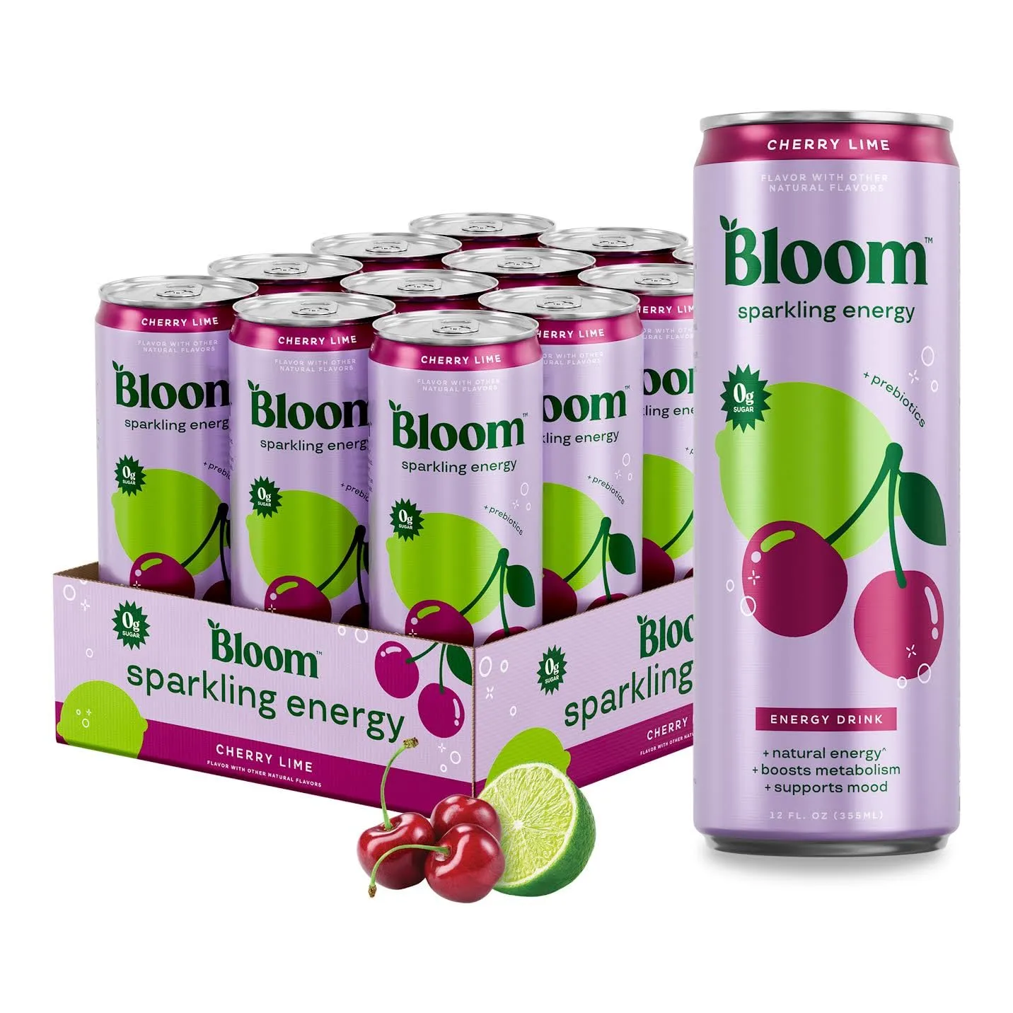 Bloom Sparkling Energy Drink - Natural Caffeine, Zero Sugar, 180mg Caffeine - Antioxidant-Rich w/Green Coffee Bean, Green Tea Extract, Prebiotics - Wellness Beverage for Focus & Metabolism 12oz 12 pk