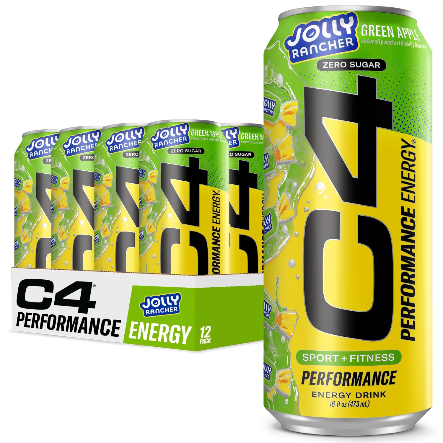 C4 Performance Energy Drink | JOLLY RANCHER Green Apple | Zero Sugar Carbonated Preworkout Energy | 200mg Caffeine with Beta Alanine | 16 Fl Oz (12 Pack)