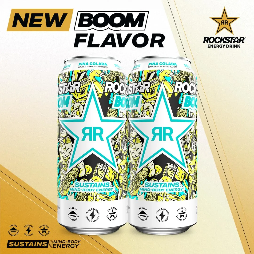 Rockstar Boom Energy Drink, Pina Colada, 16 Fl Oz Cans (Pack of 12)