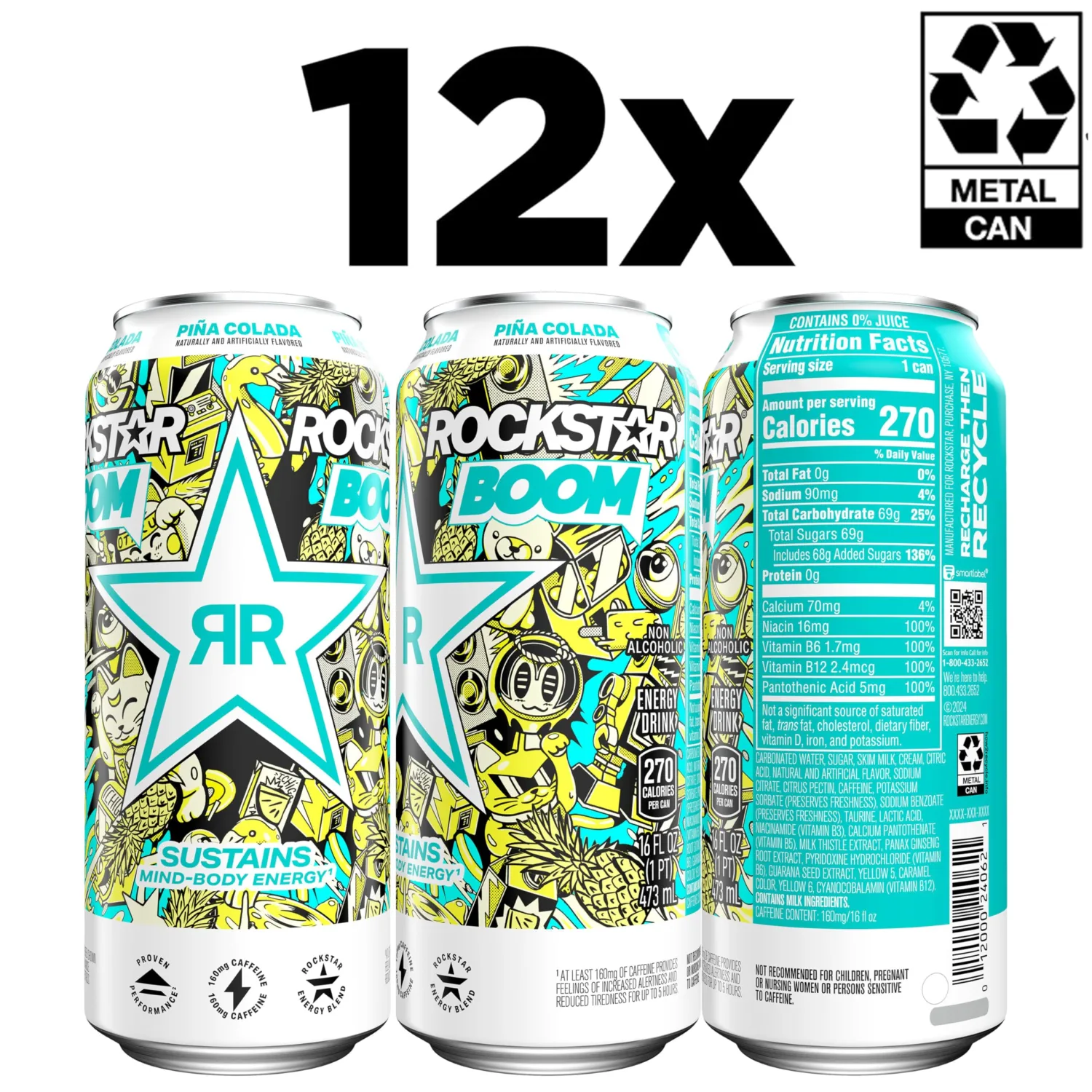 Rockstar Boom Energy Drink, Pina Colada, 16 Fl Oz Cans (Pack of 12)