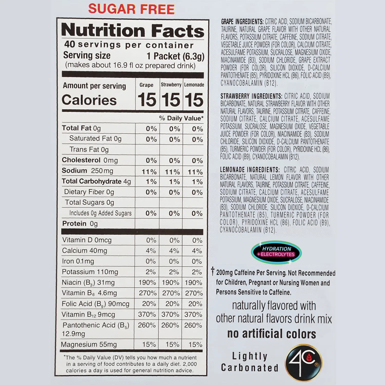4C Energy Rush PSD with Electrolytes Variety Pack Stix, 40 ct (14 Lemonade, 12 Strawberry/14 Grape)