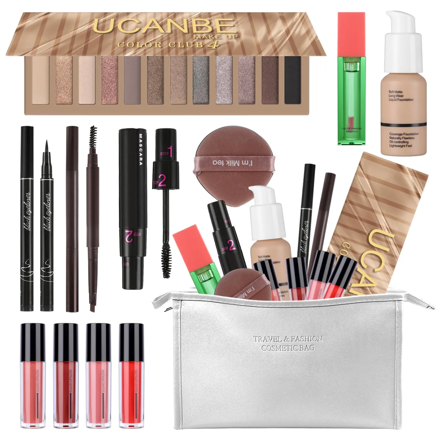 Makeup Set for Women Full kit, Makeup bag with 12 Color Nude Eyeshadow Palette, Mascara, Lip gloss, Blush & Foundation, Beauty blender, Eyeliner Pen, Eyebrow Pencil All in One Gift Set