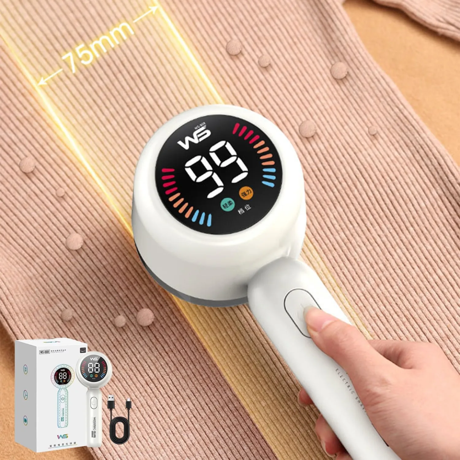 Fabric Shaver, Electric Lint Remover, USB Charging LED Display Rechargeable Sweater Shaver, Cordless Clothes Defuzzer, Portable Pills Trimmer for Clothes (White)