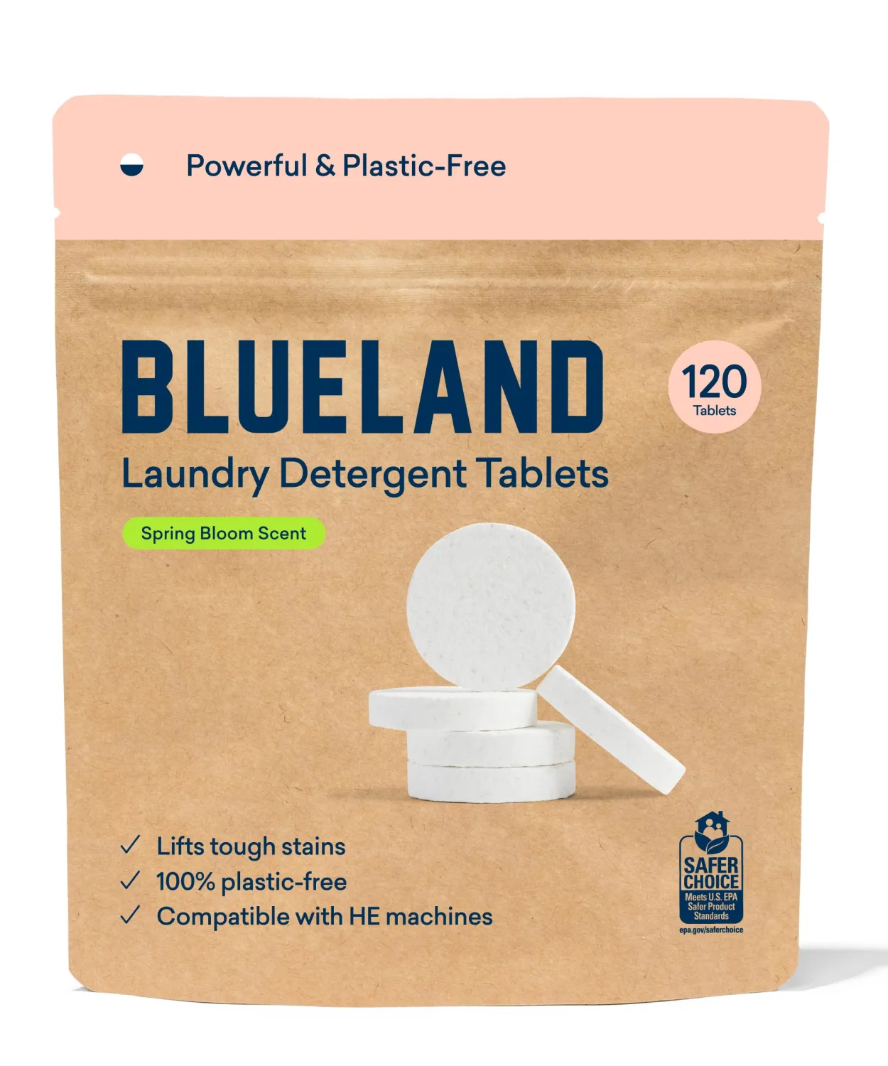 BLUELAND Laundry Detergent Tablets, 120 Count, Spring Bloom Scent, Plastic-Free Eco-Friendly Pods, Sheets, Liquid Alternative - Natural, Gentle, Non Toxic