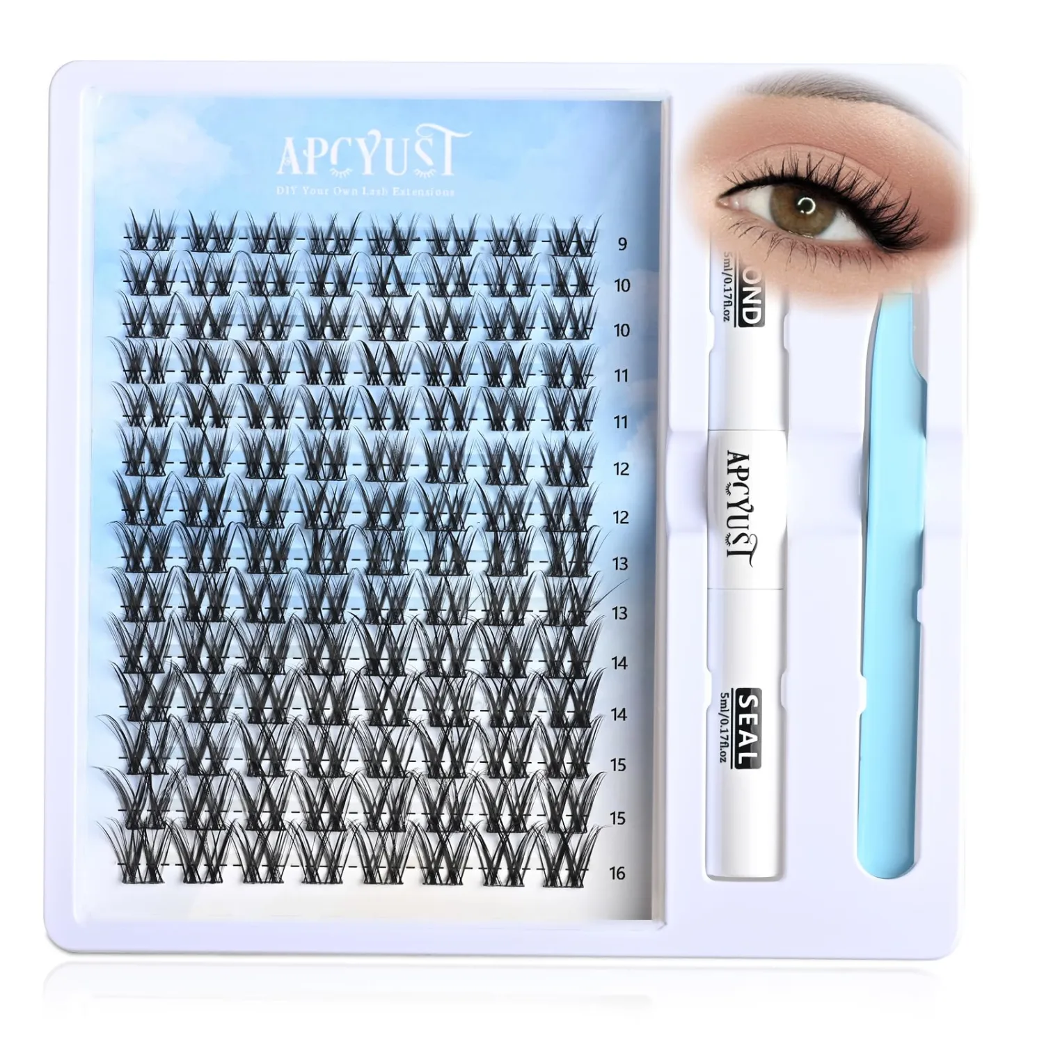 Lash Clusters Kit 9mm-16mm Eyelash Clusters C curl Lash Extension Kit Individual Lashes Cluster DIY Wispy Volume Lashes Natural Eye Lash Clusters False Mink Lash Trays with Lash Bond&Tweezers