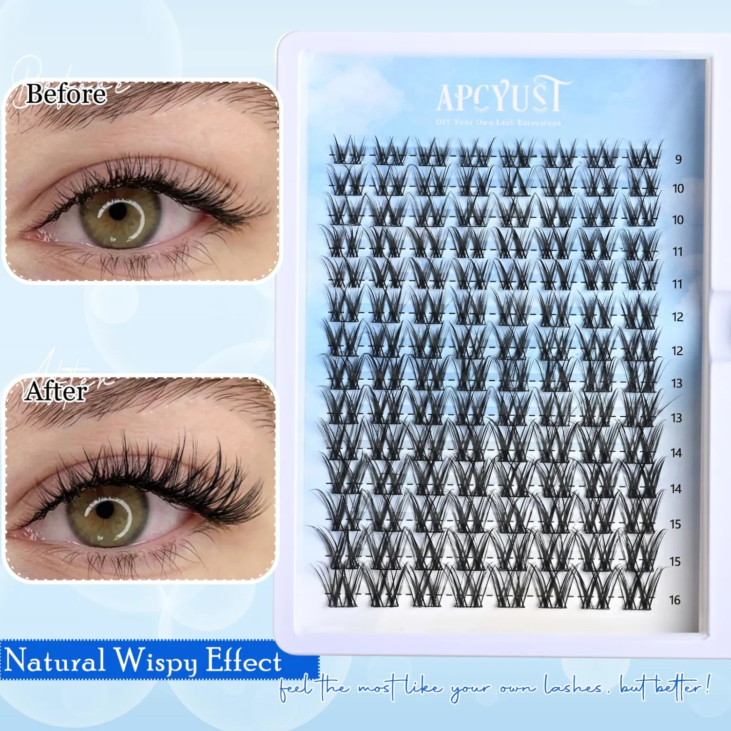 Lash Clusters Kit 9mm-16mm Eyelash Clusters C curl Lash Extension Kit Individual Lashes Cluster DIY Wispy Volume Lashes Natural Eye Lash Clusters False Mink Lash Trays with Lash Bond&Tweezers