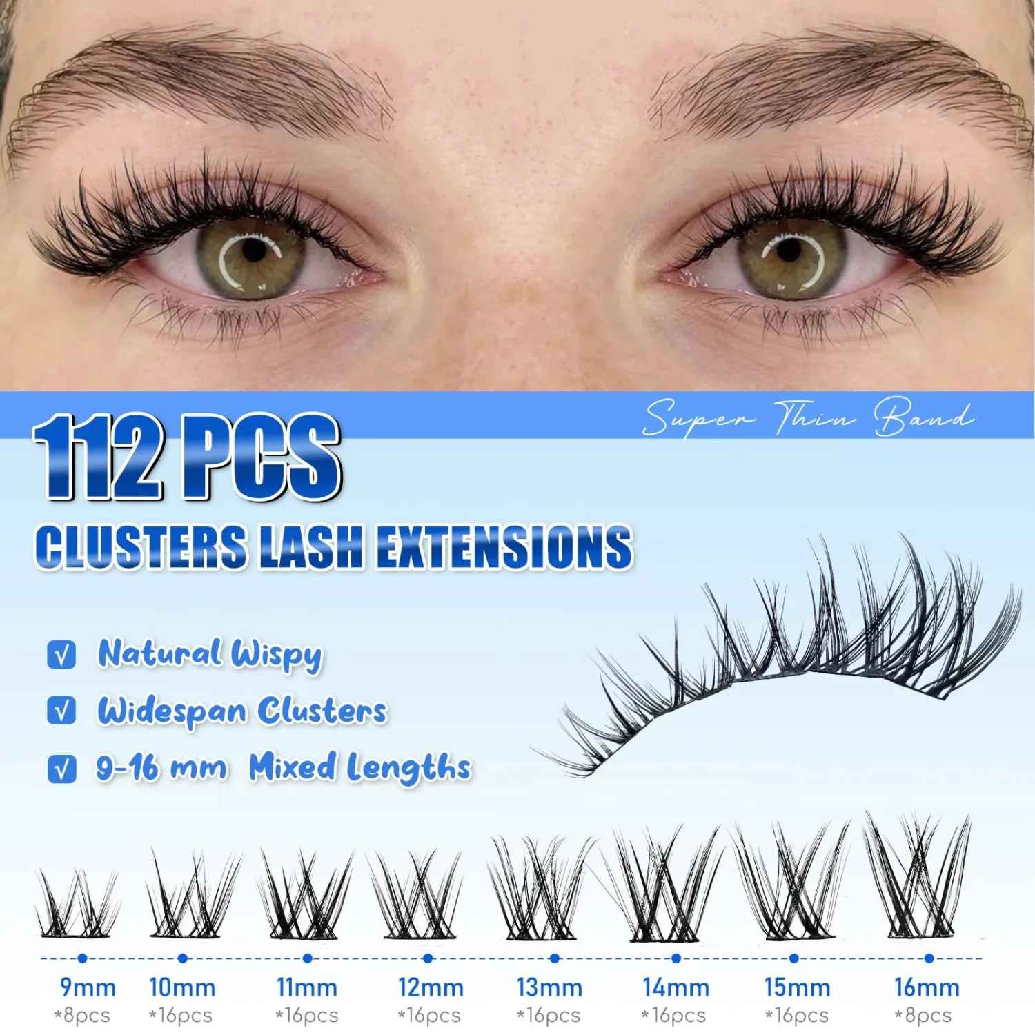 Lash Clusters Kit 9mm-16mm Eyelash Clusters C curl Lash Extension Kit Individual Lashes Cluster DIY Wispy Volume Lashes Natural Eye Lash Clusters False Mink Lash Trays with Lash Bond&Tweezers