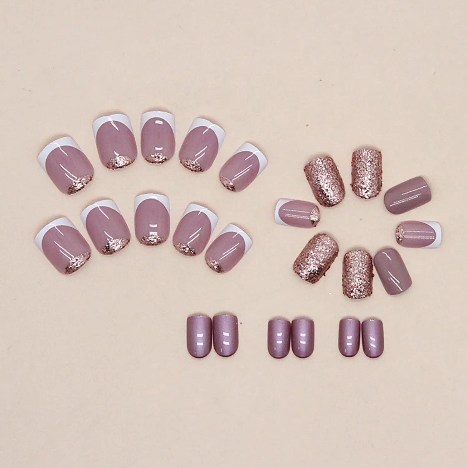 24 Pcs Press on Nails, Sunjasmine Fake Nails with Designs, Acrylic Nails False Nails with Nail Glue for Women (Short Nude French Glitter)