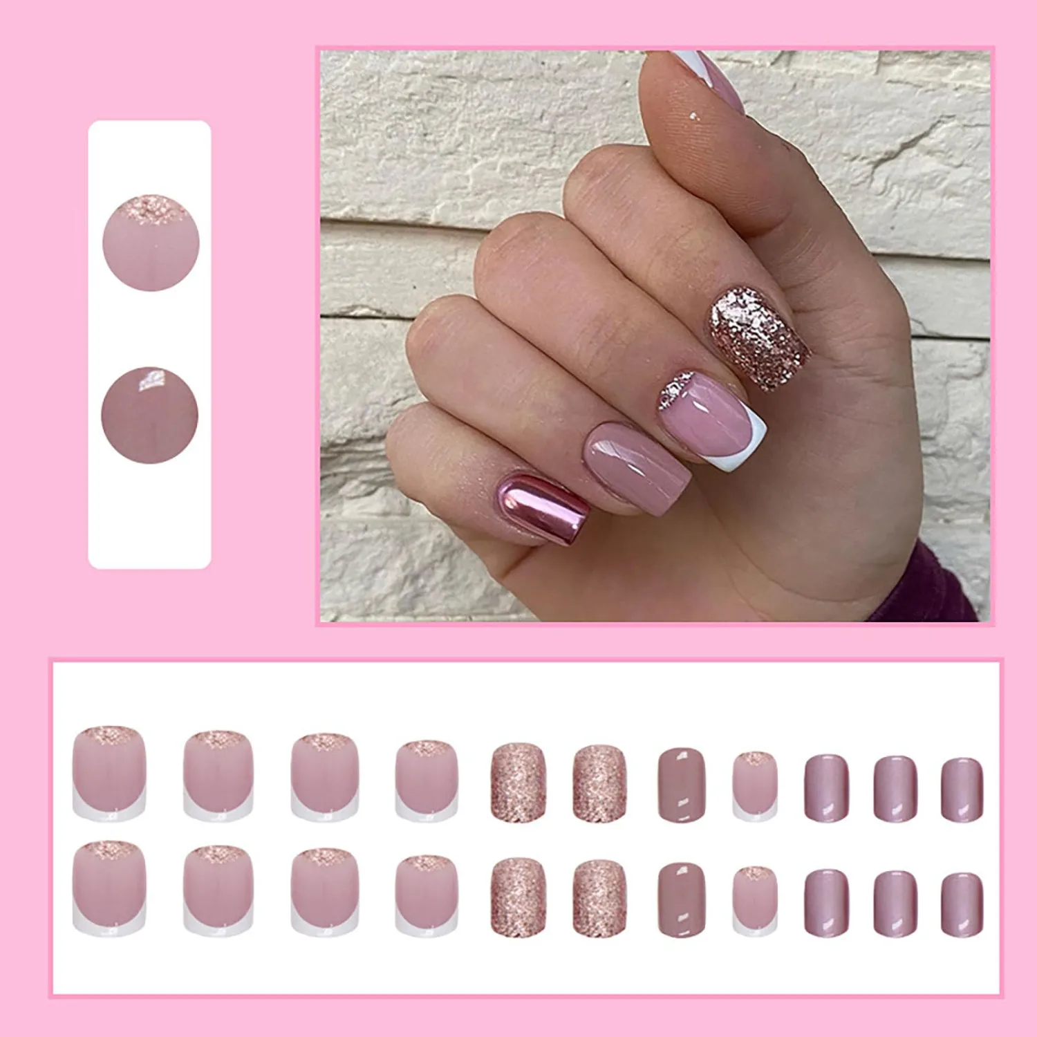 24 Pcs Press on Nails, Sunjasmine Fake Nails with Designs, Acrylic Nails False Nails with Nail Glue for Women (Short Nude French Glitter)