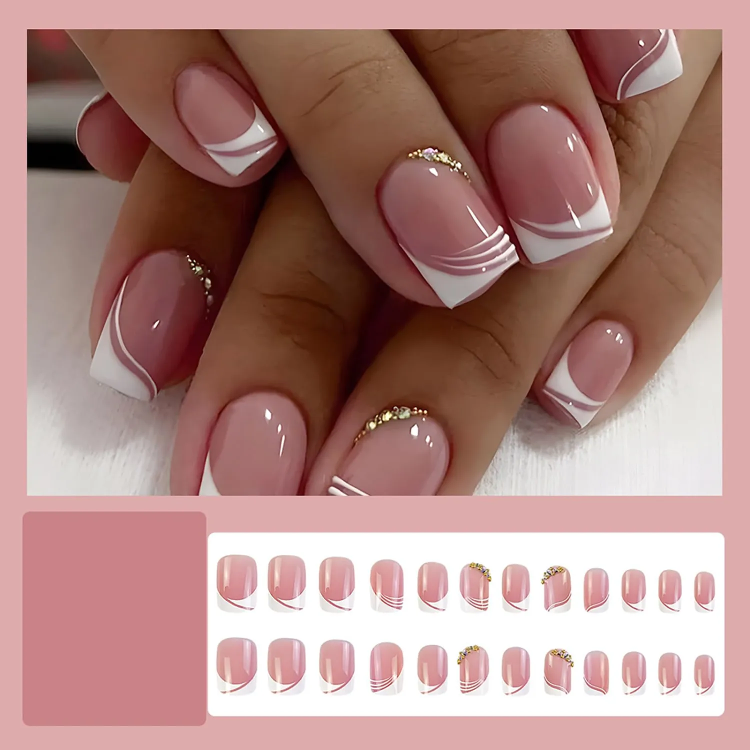 24 Pcs Press on Nails Medium, Sunjasmine Fake Nails with Designs, Acrylic Nails False Nails with Nail Glue for Women (White French with Glitter)