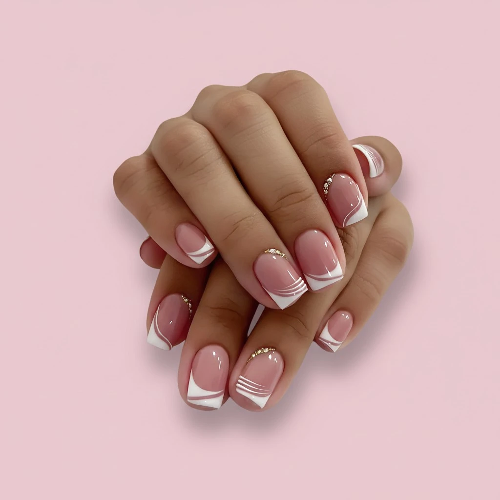 24 Pcs Press on Nails Medium, Sunjasmine Fake Nails with Designs, Acrylic Nails False Nails with Nail Glue for Women (White French with Glitter)