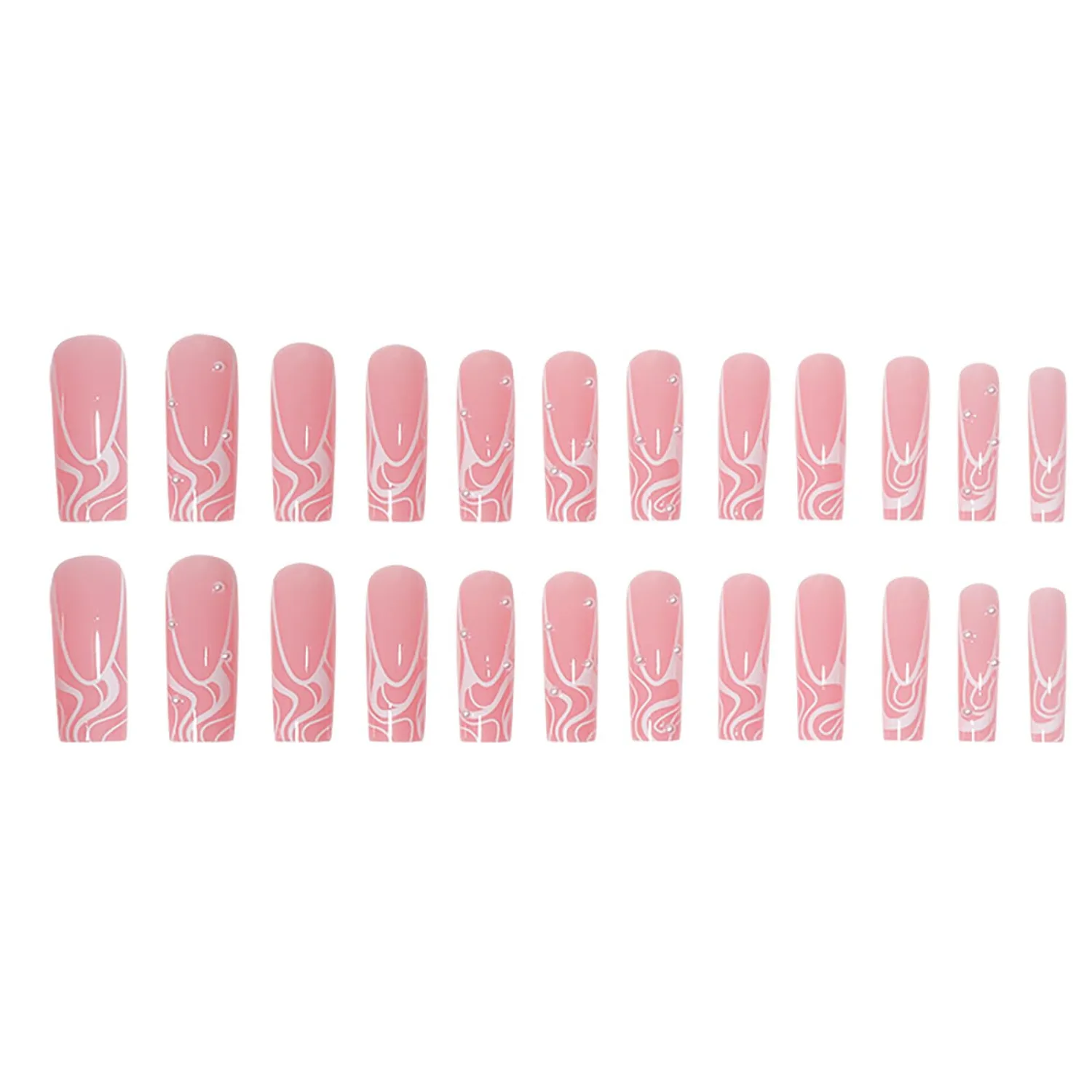24 Pcs Press on Nails, Sunjasmine Fake Nails with Designs, Acrylic Nails False Nails with Nail Glue for Women (Long Swirl with Pearl)