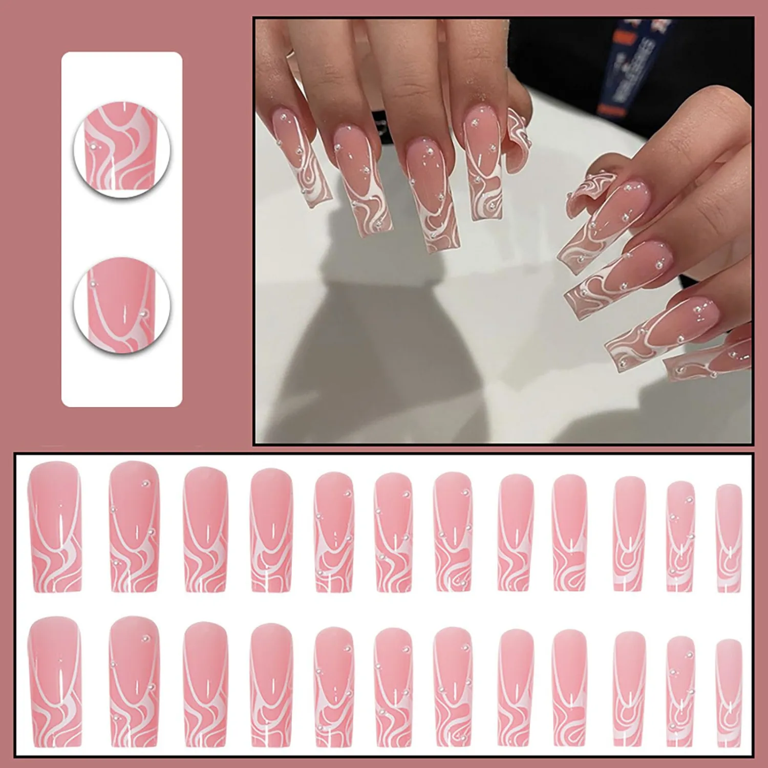 24 Pcs Press on Nails, Sunjasmine Fake Nails with Designs, Acrylic Nails False Nails with Nail Glue for Women (Long Swirl with Pearl)