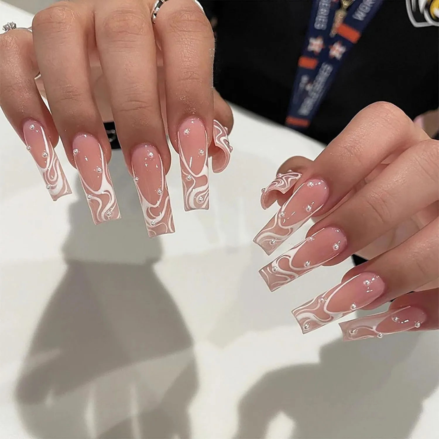 24 Pcs Press on Nails, Sunjasmine Fake Nails with Designs, Acrylic Nails False Nails with Nail Glue for Women (Long Swirl with Pearl)