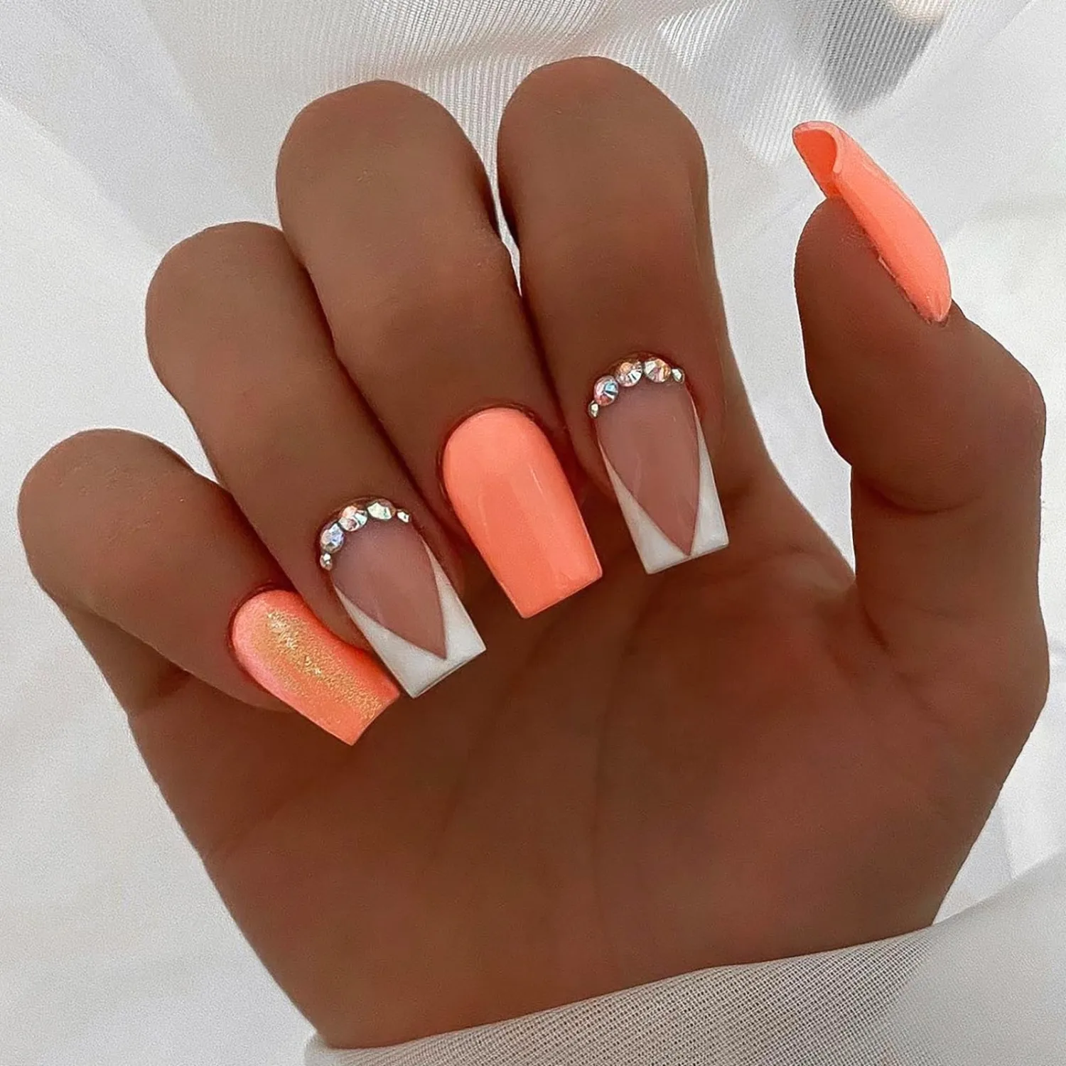 24 Pcs Press on Nails, Sunjasmine Fake Nails with Designs, Acrylic Nails False Nails with Nail Glue for Women (Medium Orange and White French)