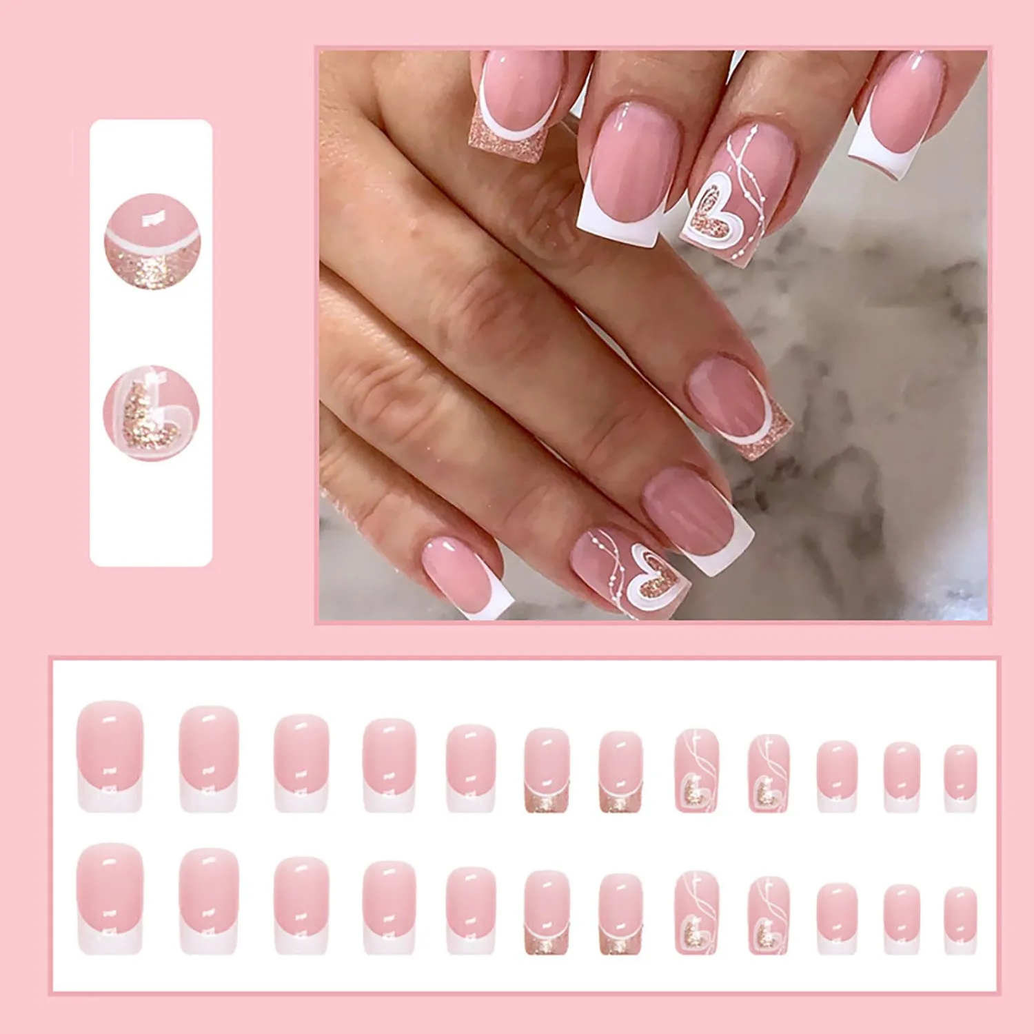 24 Pcs Press on Nails, Sunjasmine Fake Nails with Designs, Acrylic Nails False Nails with Nail Glue for Women (Medium Pink French)
