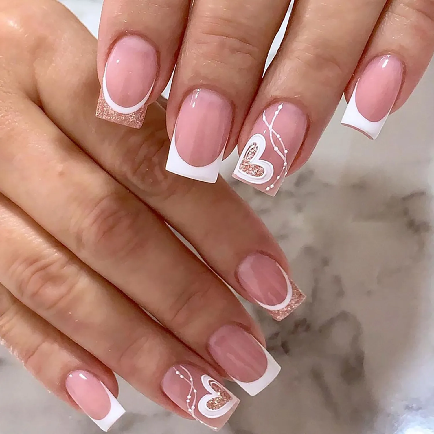24 Pcs Press on Nails, Sunjasmine Fake Nails with Designs, Acrylic Nails False Nails with Nail Glue for Women (Medium Pink French)