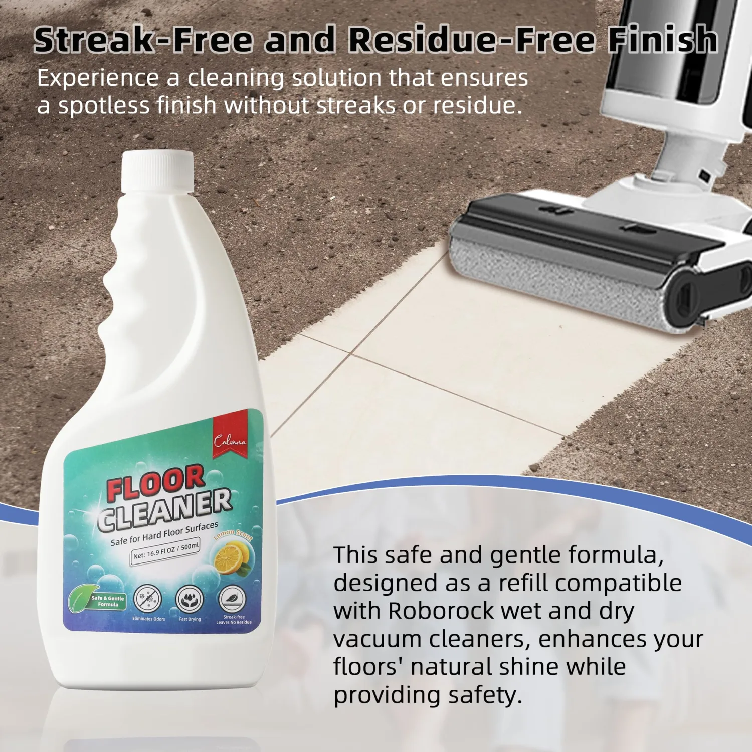 (2-Pack) 16.9fl.oz Floor Cleaner for Pet Owners, Lemon Scent Floor Cleaning Solution, Compatible with Roborock Robot Vacuums and Mops, Suitable for All Robot Vacuums with Mopping Function