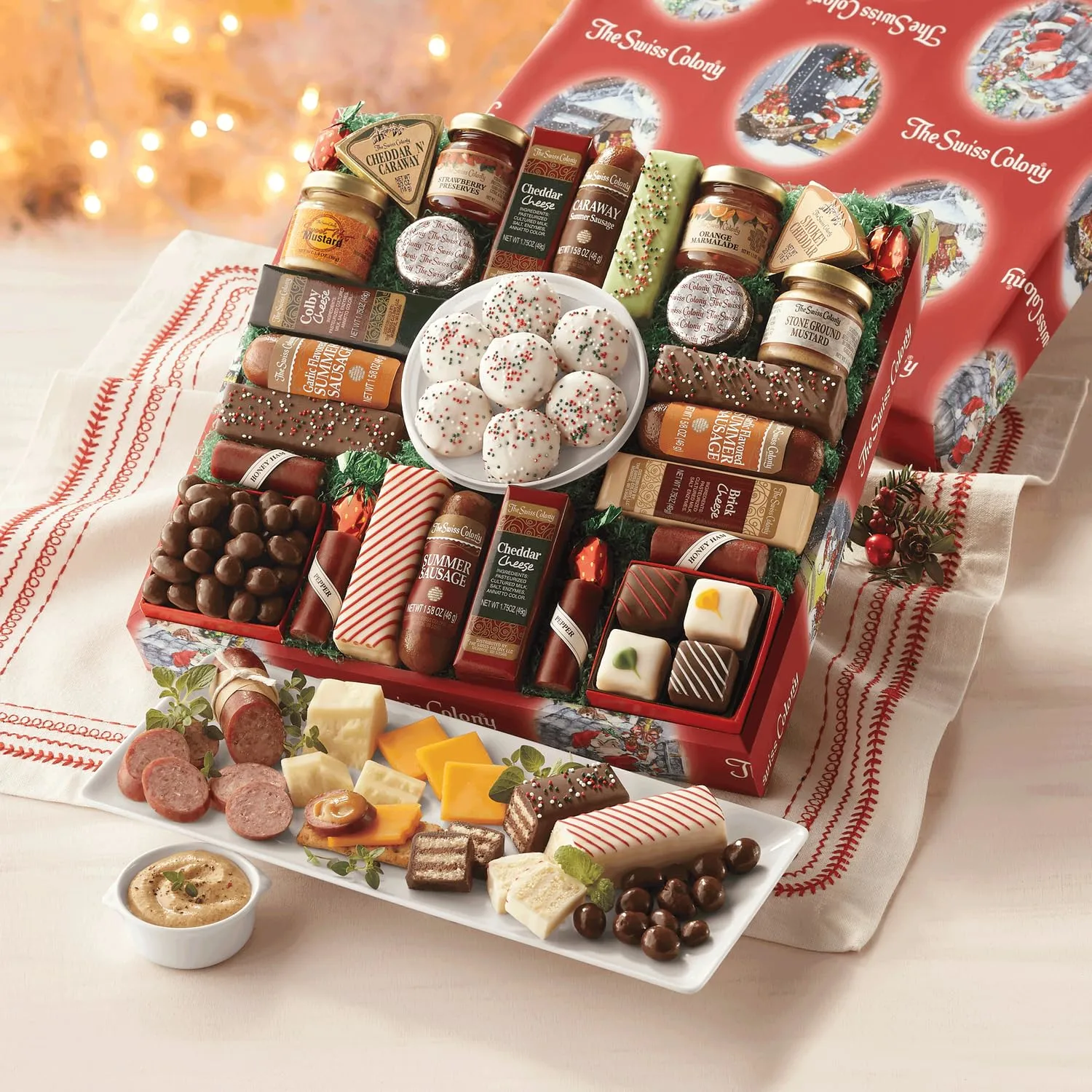 5 Red Gift Boxes - The Swiss Colony 27 Favorites Food Gift Set Summer Sausage Meats and Cheeses, Assorted Chocolates, Candies, Petits Fours, Gift Basket, Cheese & Charcuterie Gifts, Holiday, Christmas