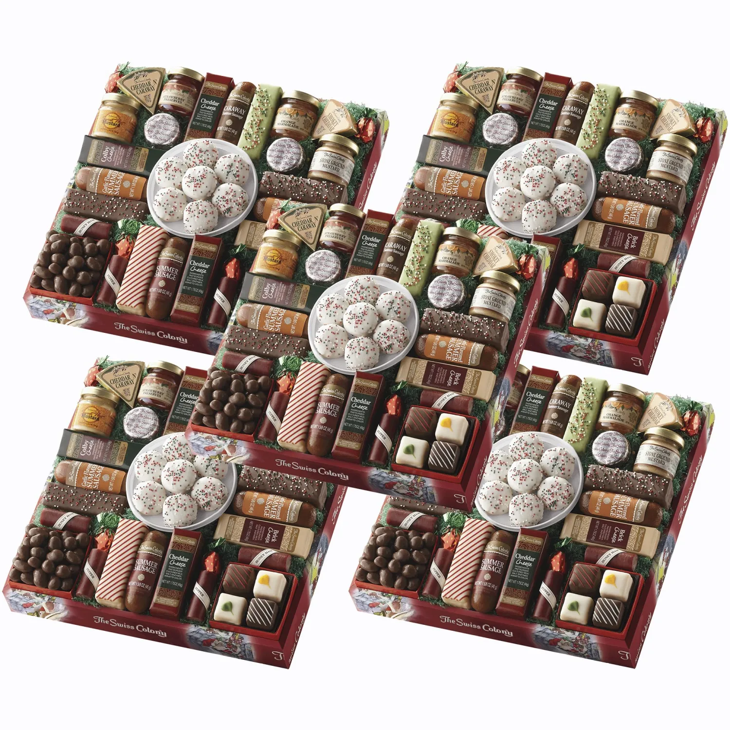5 Red Gift Boxes - The Swiss Colony 27 Favorites Food Gift Set Summer Sausage Meats and Cheeses, Assorted Chocolates, Candies, Petits Fours, Gift Basket, Cheese & Charcuterie Gifts, Holiday, Christmas