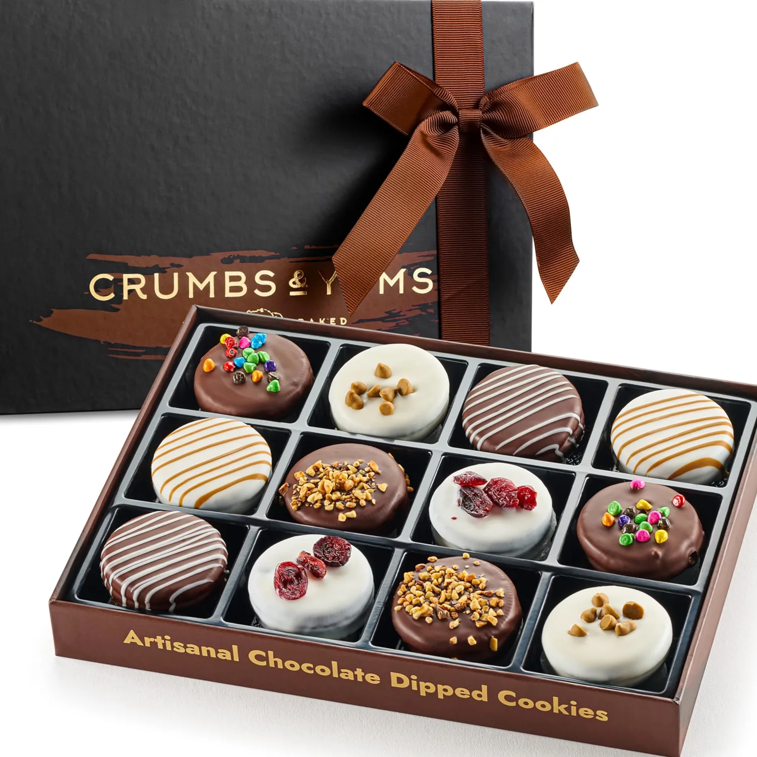 Cookies Gift Basket - 12 Gourmet Chocolate Covered Sandwich Cookies with Assorted Toppings - Assorted Food Gift Box for Christmas, Thanksgiving, Fathers Day, Mothers Day, Family, Sympathy, Men & Women.