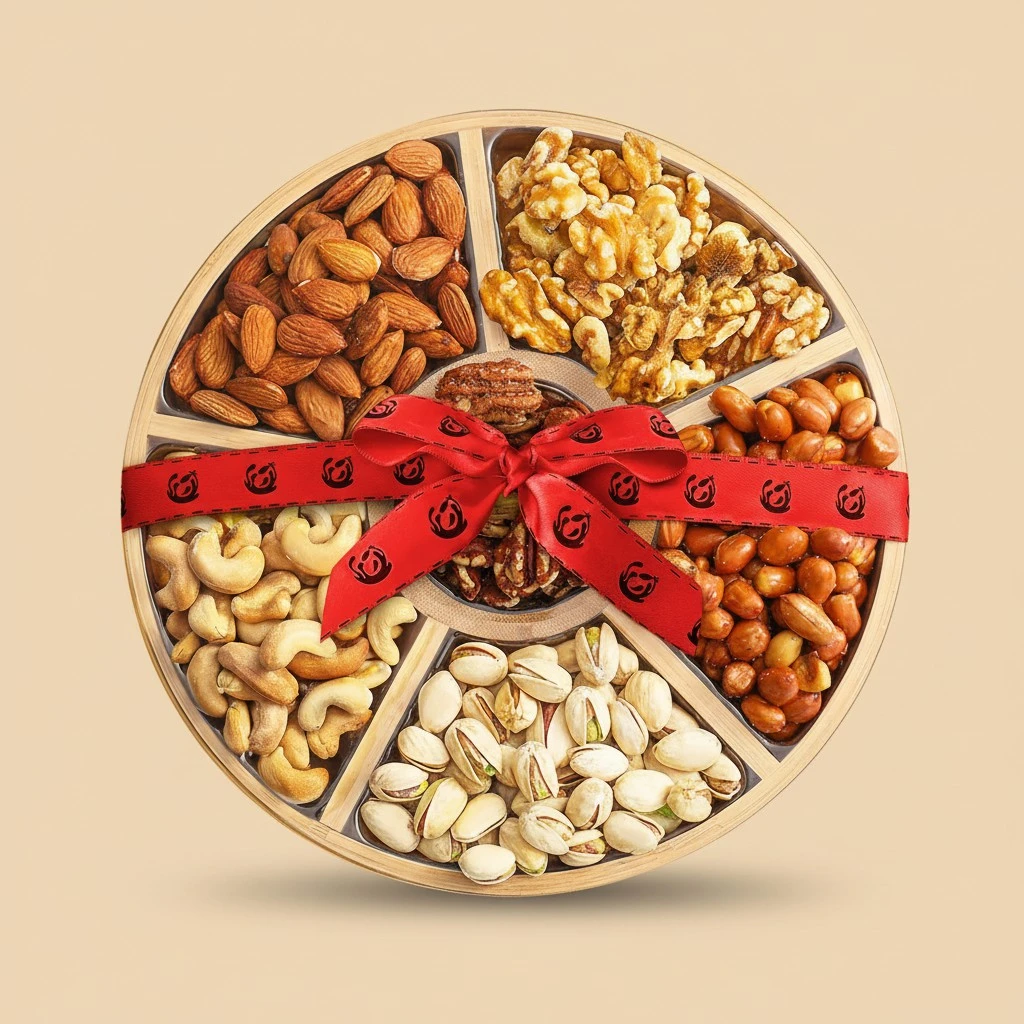 Valentines Nuts Gift Baskets - 6 Assortments of Premium Nuts - Gourmet Nut Platter | Holiday Mixed Nuts Box, Gourmet Food Gift Basket for Anniversary, Sympathy Gift Baskets, Round, Kosher, USA Made