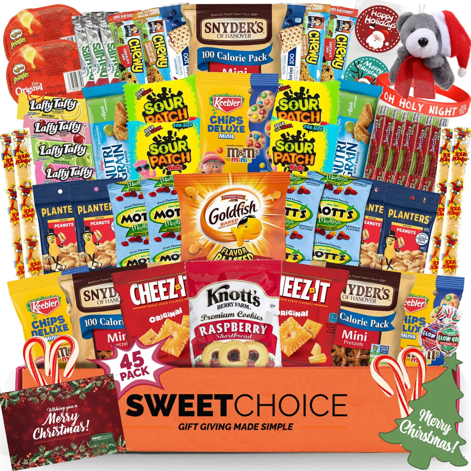 Christmas Gift Basket Care Package (45 Count) Candy Snacks Cookies Bars Chips Holiday Gift Baskets Variety Holiday Stocking Stuffer Gift Box Pack Assortment Basket Bundle Mix Of Treats College Student