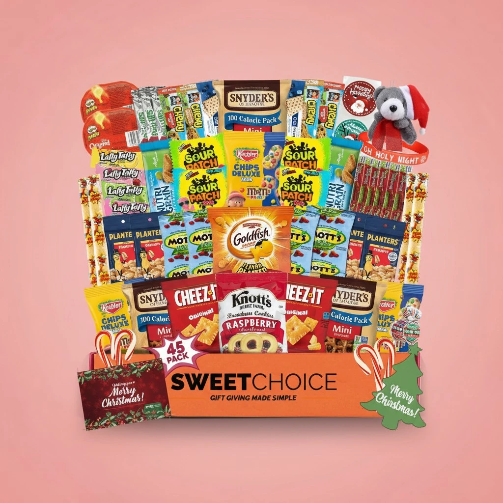Christmas Gift Basket Care Package (45 Count) Candy Snacks Cookies Bars Chips Holiday Gift Baskets Variety Holiday Stocking Stuffer Gift Box Pack Assortment Basket Bundle Mix Of Treats College Student