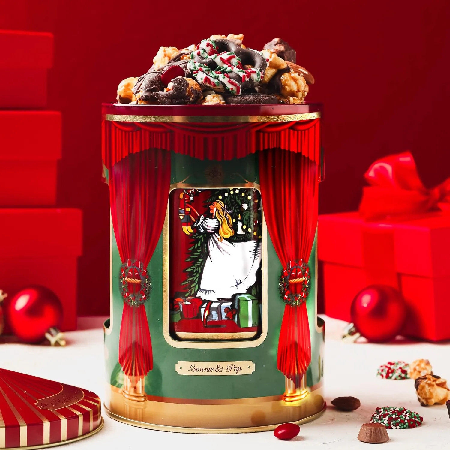 BONNIE AND POP - Christmas Gift Basket- Gourmet Food Gifts - Plays Music - Holiday Chocolate and Candy, Sweets and Snacks- Nutcracker Suite- Bonnie and Pop
