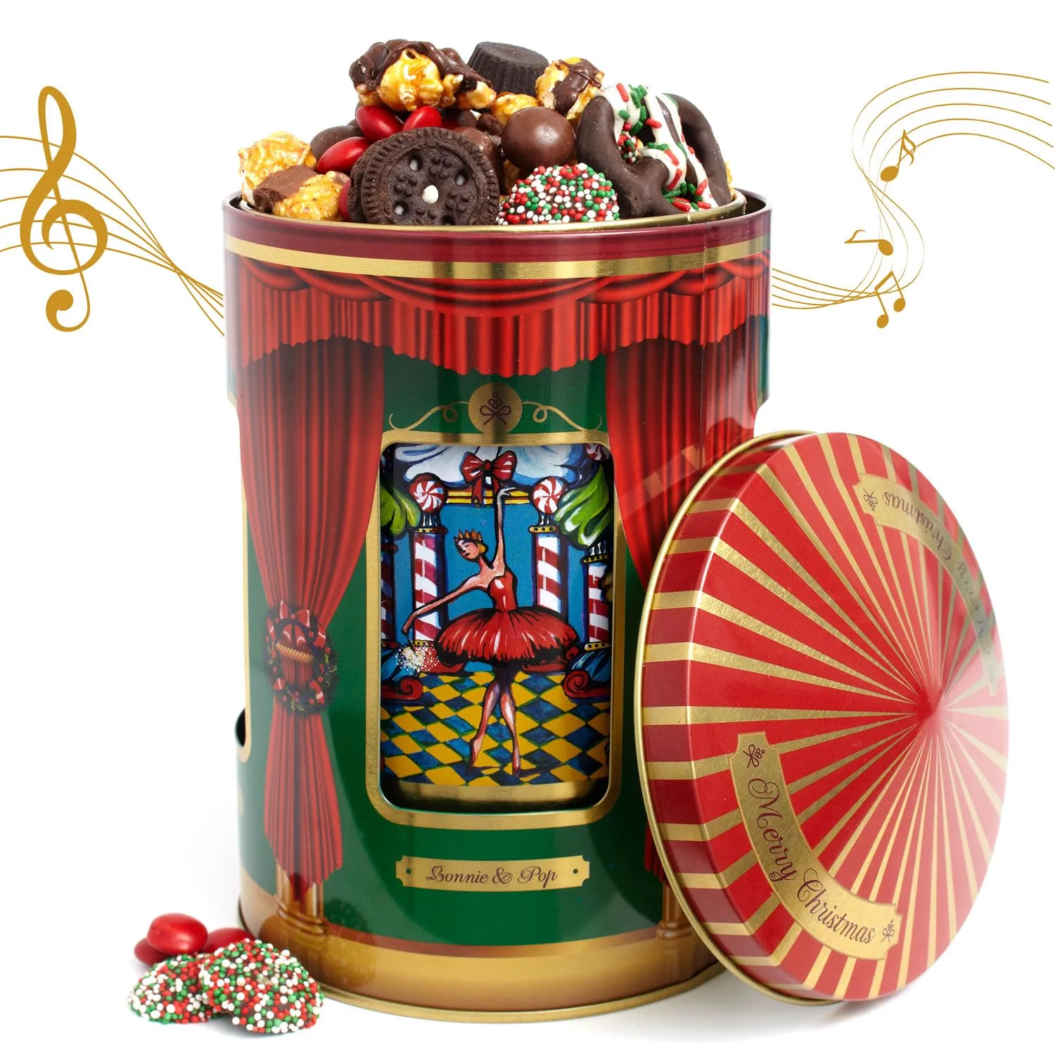 BONNIE AND POP - Christmas Gift Basket- Gourmet Food Gifts - Plays Music - Holiday Chocolate and Candy, Sweets and Snacks- Nutcracker Suite- Bonnie and Pop