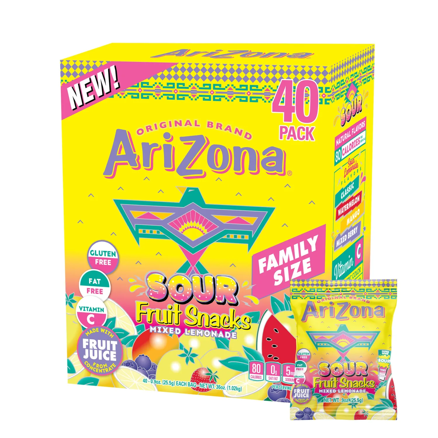 AriZona Sour Lemonade Fruit Snacks, Sour Lemonade - 0.9 oz, 40 count Box