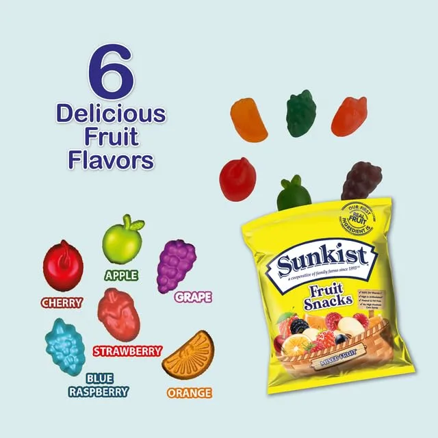 Mixed Fruit - Peanut, Fat, High Fructose Corn Syrup Free Mixed Fruit Gummies Box - Fruit Snacks with Mixed Fruit Flavors - Juicy Fruit Gummy Candy Bulk by Kervan (40 Pouches)