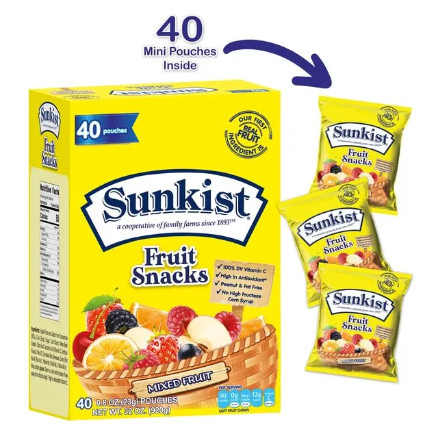 Mixed Fruit - Peanut, Fat, High Fructose Corn Syrup Free Mixed Fruit Gummies Box - Fruit Snacks with Mixed Fruit Flavors - Juicy Fruit Gummy Candy Bulk by Kervan (40 Pouches)