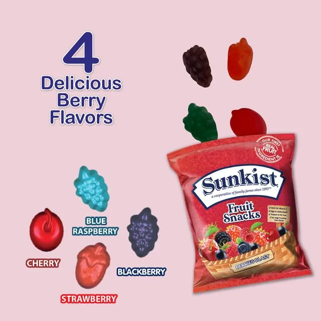 Berry Blast - Peanut, Fat, High Fructose Corn Syrup Free Mixed Fruit Gummies Box - Fruit Snacks with Mixed Berry Flavors - Juicy Fruit Gummy Candy Bulk by Kervan (40 Pouches)