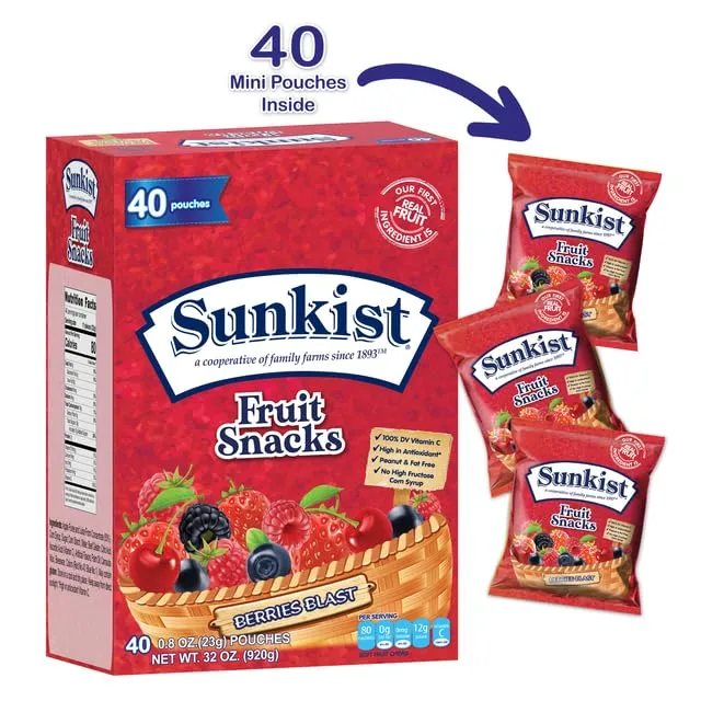 Berry Blast - Peanut, Fat, High Fructose Corn Syrup Free Mixed Fruit Gummies Box - Fruit Snacks with Mixed Berry Flavors - Juicy Fruit Gummy Candy Bulk by Kervan (40 Pouches)
